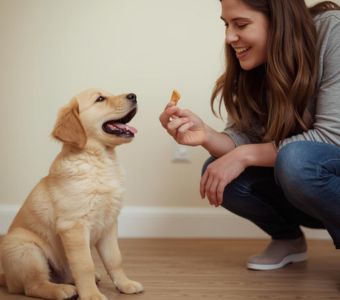 Cachorro aprendiendo las 5 órdenes esenciales de adiestramiento
