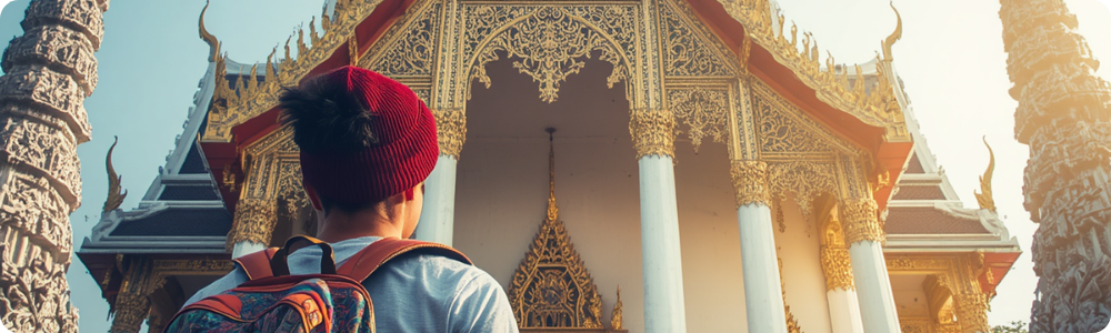 Viajera con mochila frente a un templo de Tailandia, banner del seguro 
médico para viajar a Tailandia
