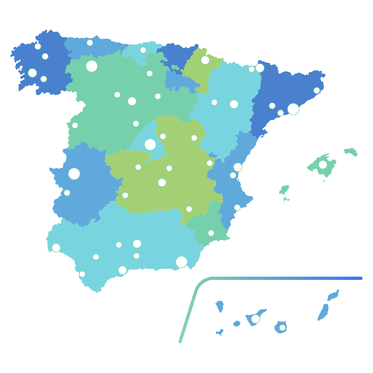 Mapa de España con cobertura nacional de la red veterinaria de Iris Global