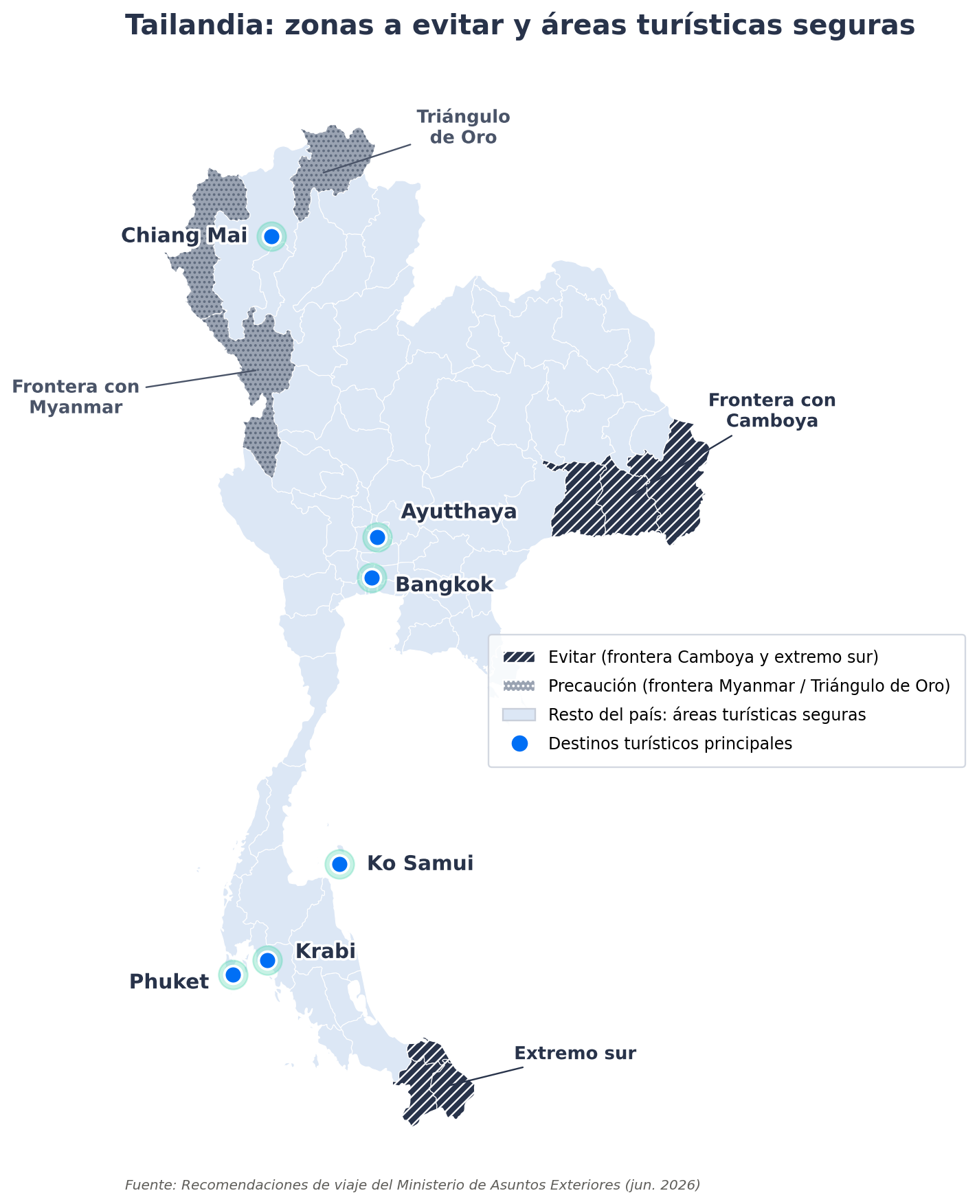 Mapa de Tailandia que señala las zonas fronterizas a evitar y las principales áreas turísticas seguras