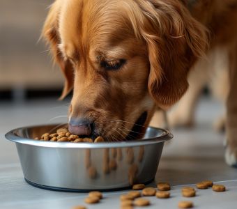 Perro feliz siendo adiestrado y bien nutrido