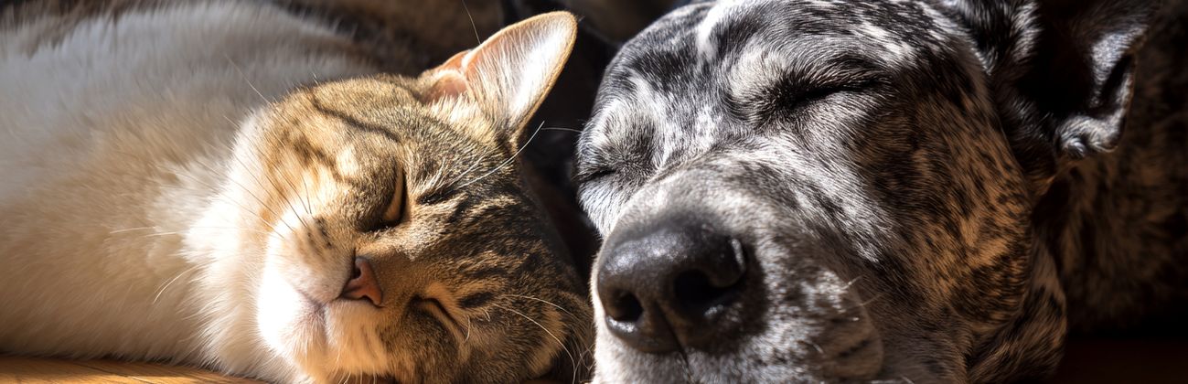 Un perro senior corriendo con energía y un gato descansando 
plácidamente al sol, representando el bienestar y los protocolos de vida 
larga en mascotas.