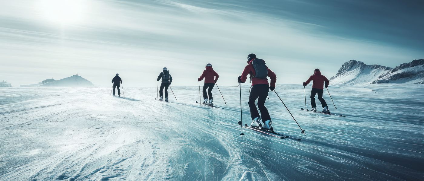 Grupo de personas practicando raquetas de nieve y snowboard en una montaña nevada con sol invernal, representando aventura segura con Iris Global