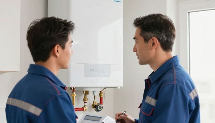 Técnico certificado revisando la seguridad de una instalación de climatización en una vivienda