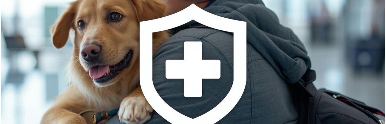 Dueño abrazando a su perro en un aeropuerto con un escudo de 
protección digital superpuesto y un símbolo de cruz veterinaria, 
representando la seguridad de un seguro de asistencia en viaje.